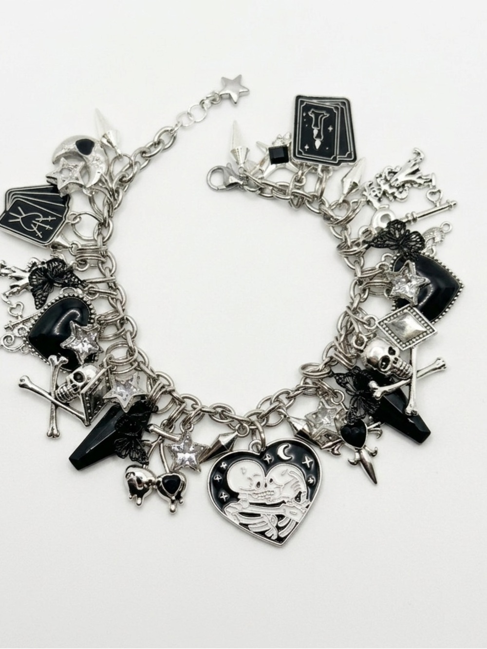 Silver Tone Gothic Charm Bracelet with Heart Skeleton Pendant - Picture 5 of 5